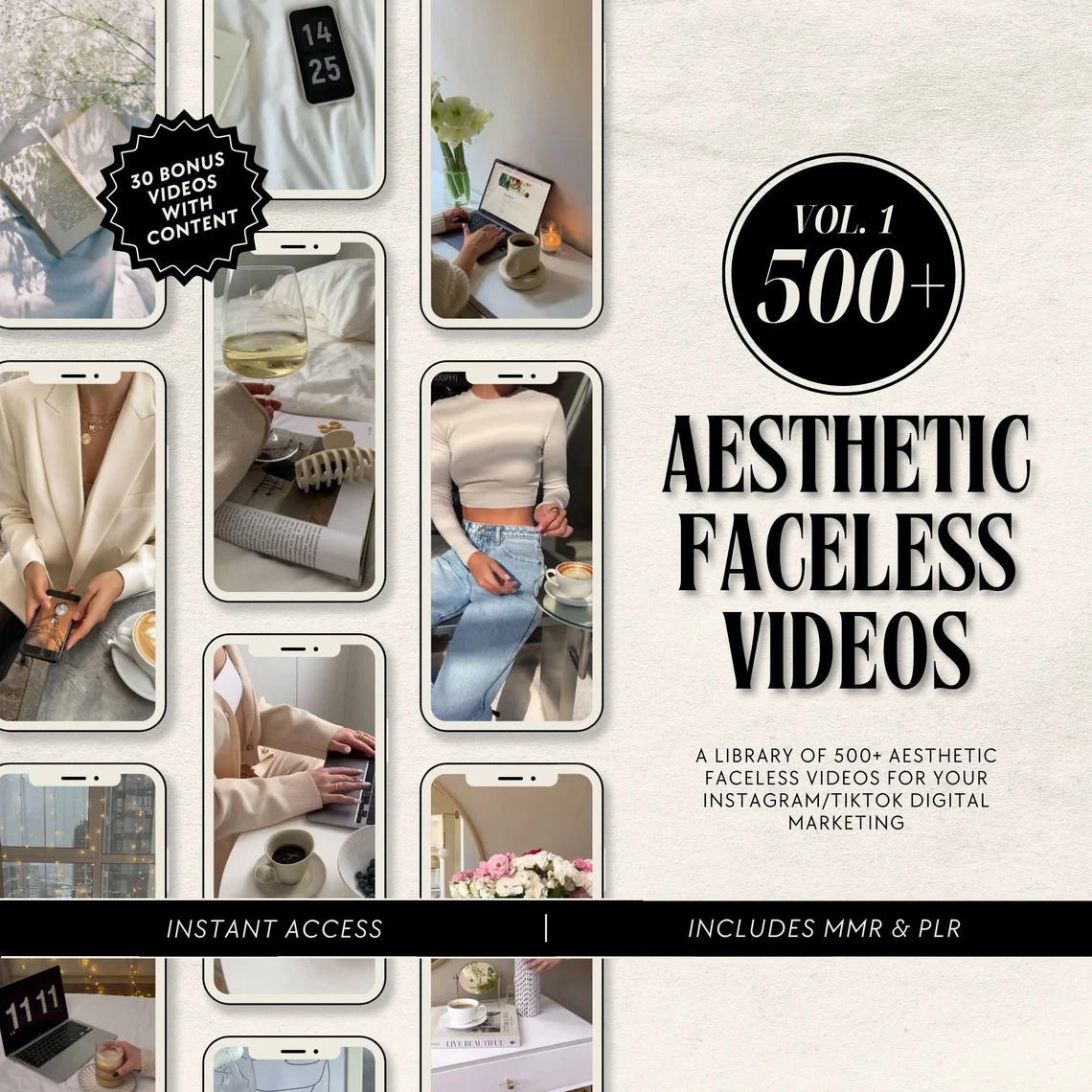 Faceless reels video bundle for Instagram and TikTok Aesthetic faceless videos for social media Editable Canva templates for faceless marketing MRR and PLR faceless reels for passive income