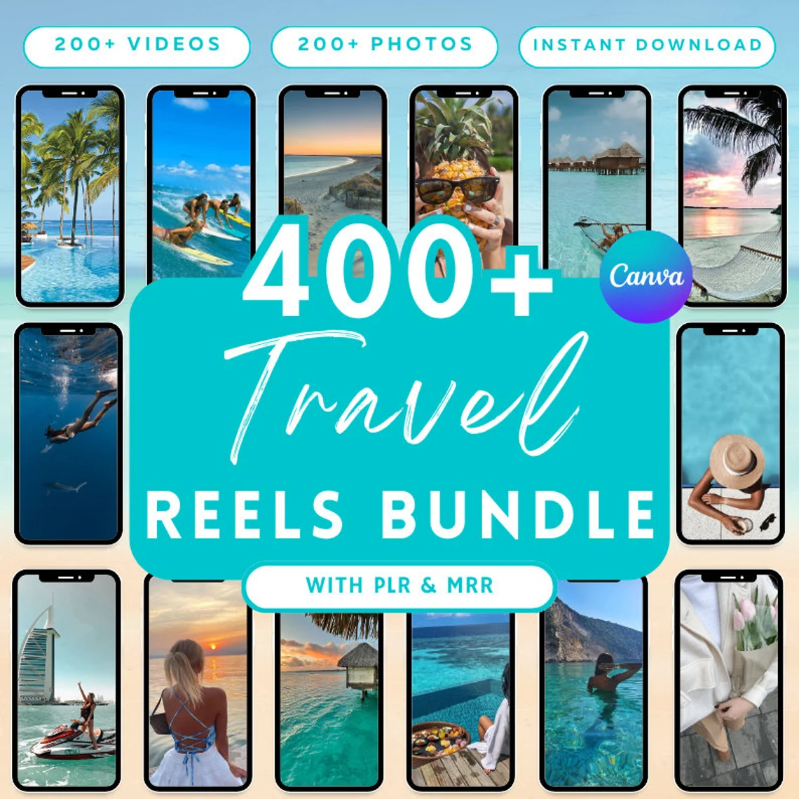 400+ travel videos and photos for Instagram Reels, faceless digital marketing with MRR and PLR rights, customizable in Canva.