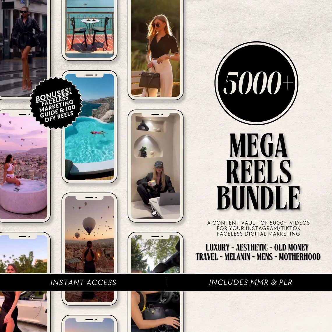 Aesthetic faceless reels bundle for Instagram marketing Faceless videos for digital marketing with PLR High-resolution reels for social media Editable Canva templates for branding with PLR MRR