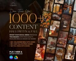 1000+ fall videos and Halloween reels for faceless digital marketing, featuring Canva templates with MRR and PLR for reselling.