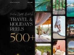 500+ faceless travel reels for social media marketing, featuring Canva templates with MRR and PLR for customization and reselling.