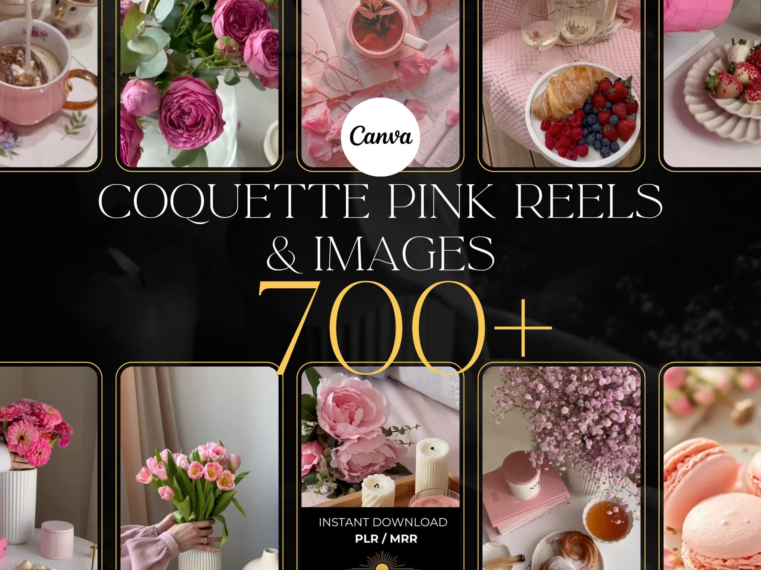 Pink coquette aesthetic faceless Instagram reels and matching posts with Canva templates, MRR, and PLR for digital marketing.