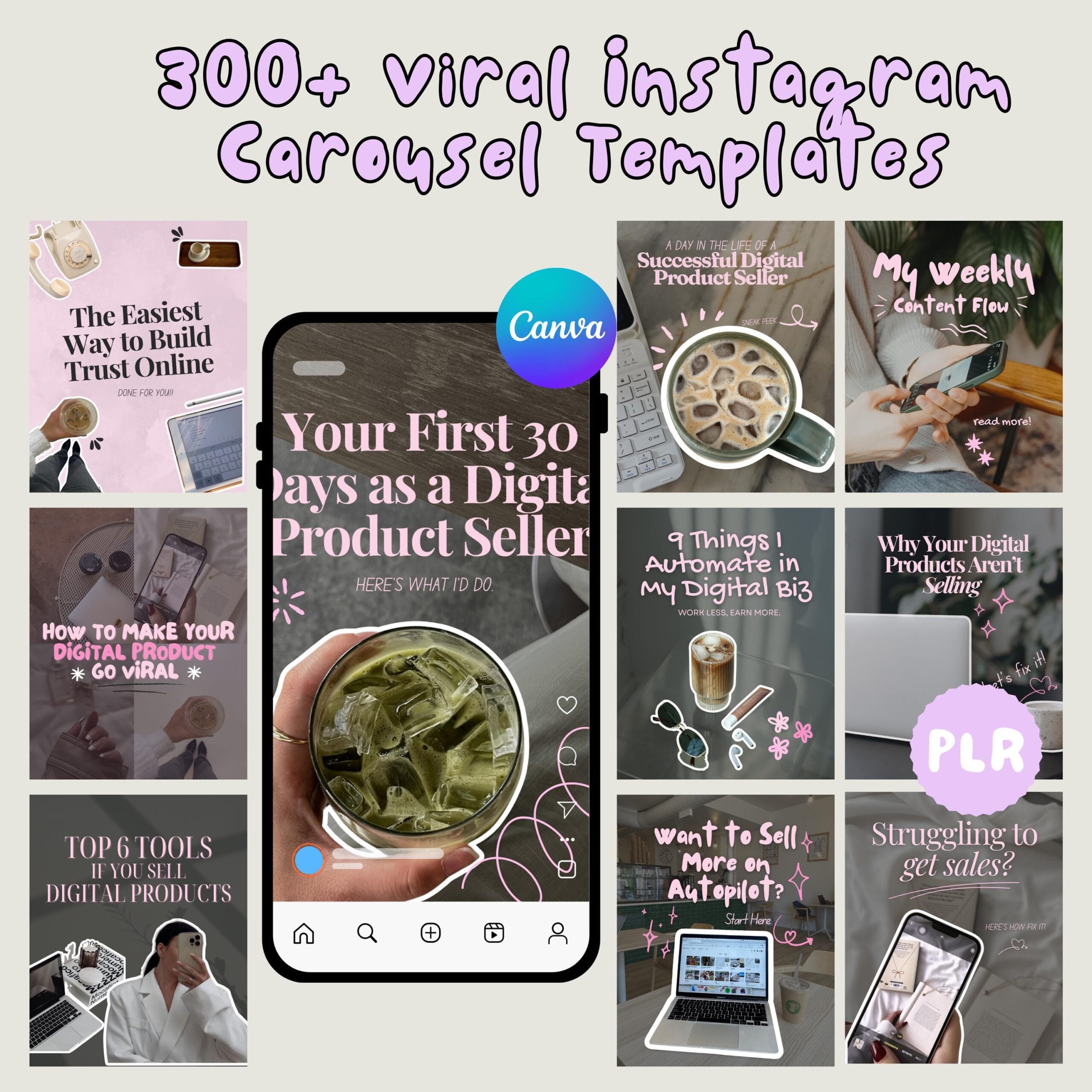 Editable aesthetic carousel templates for Instagram and TikTok with MRR and PLR rights for reselling and social media growth.